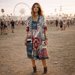 Art to wear patchwork tunic/midi dress women's M boho hippie retro denim whimsy